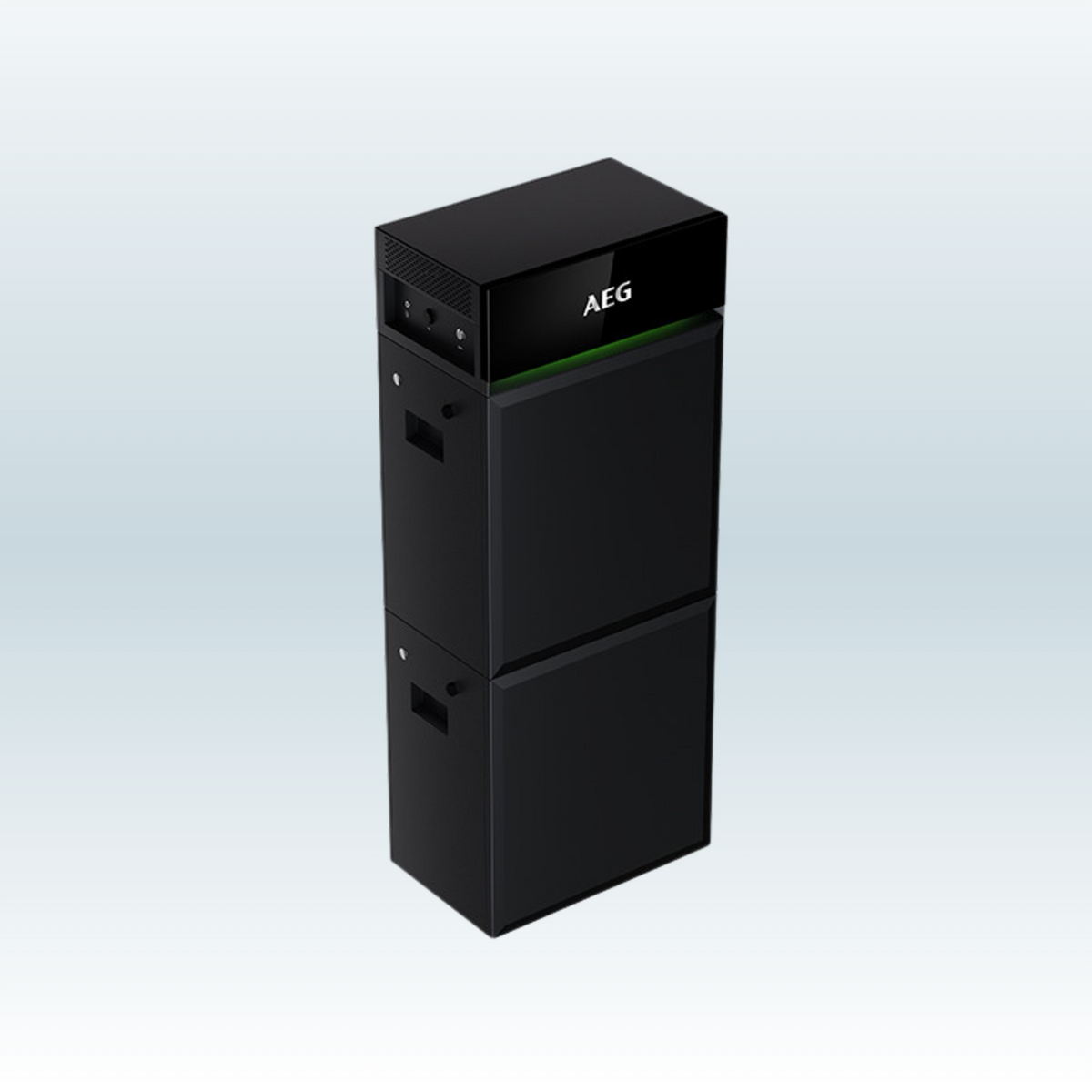 AEG Solarcube AS-BBL09 met twee gestapelde batterijmodules onder de bovenste unit, schuin van voren