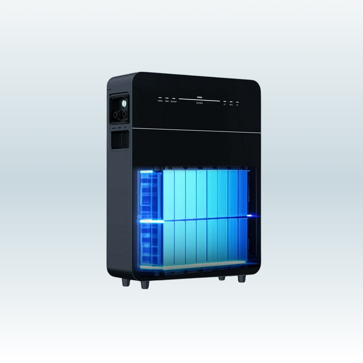 Marstek Venus E V3 met doorzichtige voorkant, zodat je de batterijcellen binnenin blauw ziet oplichten