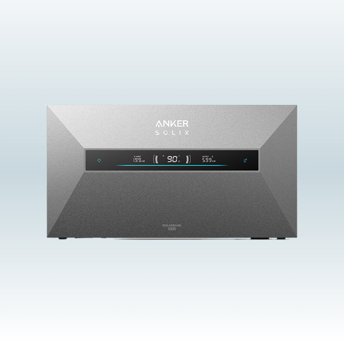 Anker SOLIX Solarbank Max AC recht van voren, grijze behuizing met logo en een breed display met blauwe lichtstreep