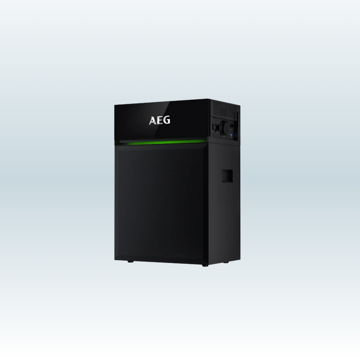 AEG Solarcube AS-BBL09 schuin van rechts, groene lichtstrook en aansluitingen aan de zijkant boven